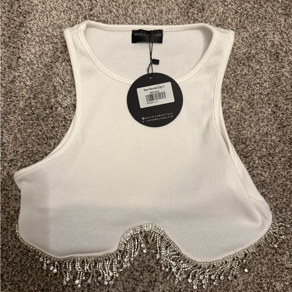 White Fox Boutique White Tank Top with Beaded Fringe